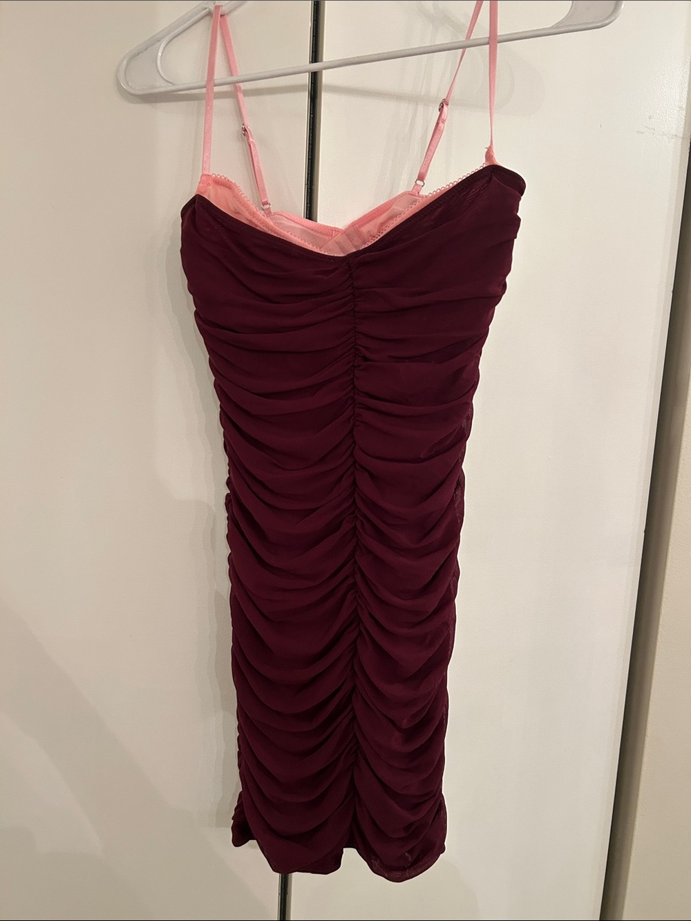 White Fox Boutique Burgundy Ruched Slip Dress with Pink Trim
